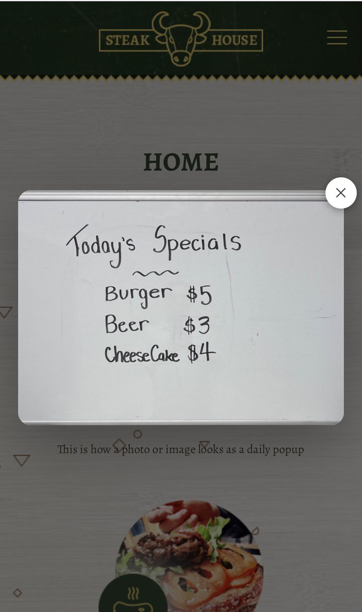 Daily specials popup on a phone